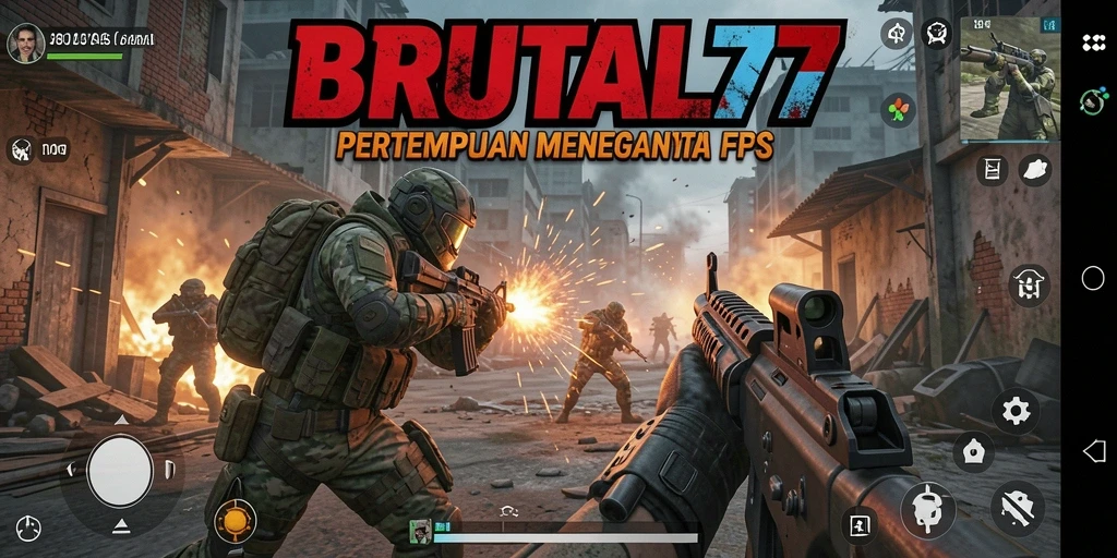 Tangkapan layar BRUTAL77 menunjukkan aksi pertempuran FPS yang mendebarkan.