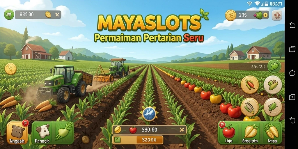 Gameplay seru bertani di MAYASLOTS dengan berbagai tanaman dan hewan.