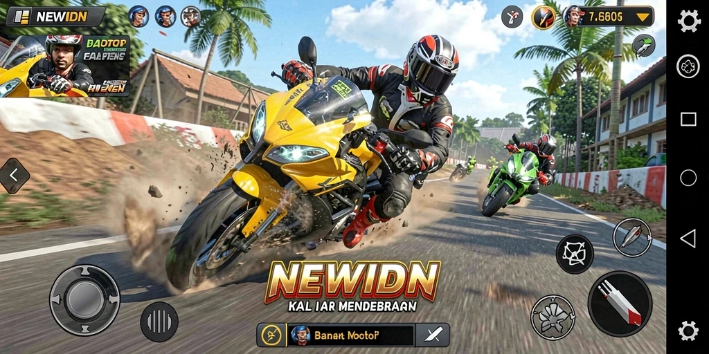 Screenshot gameplay NEWIDN menampilkan aksi balap motor yang intens dan realistik.