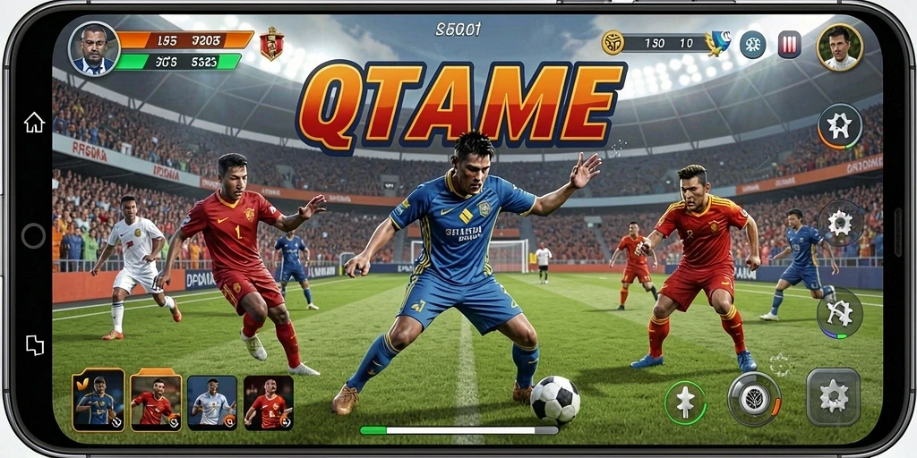 Tampilan gameplay QTGAME dengan karakter dan lapangan olahraga.